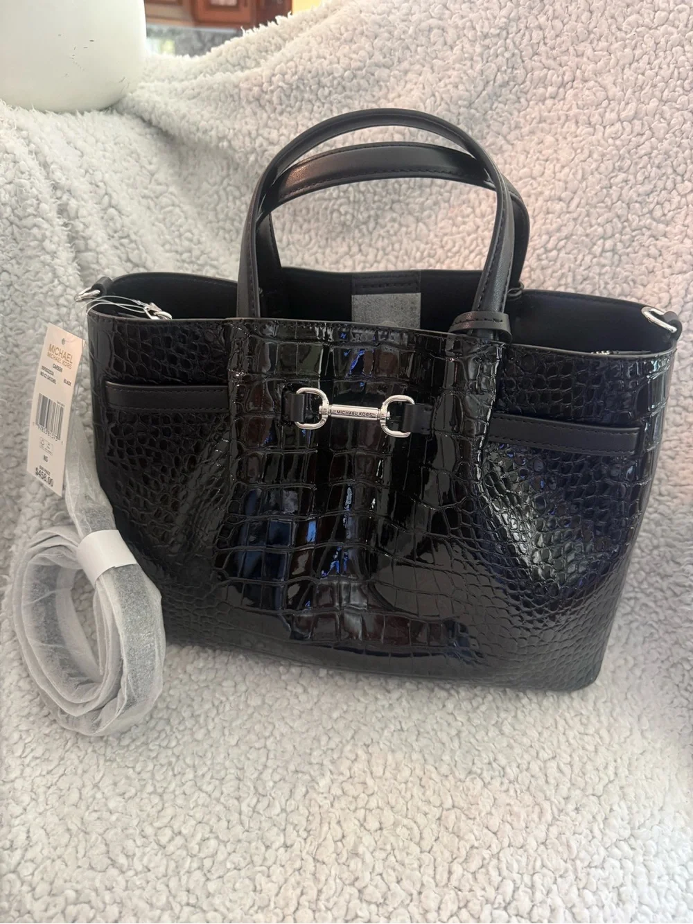 Michael Kors Black Patent Croc-Embossed Tote with MK Charm